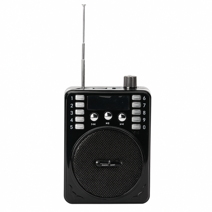 Black portable radio with antenna on a white background