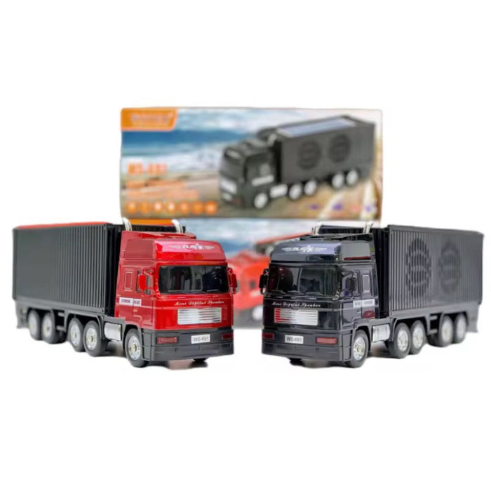 Two toy trucks, one red and one black, with a packaging box in the background.
