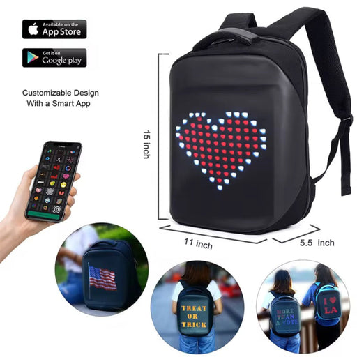 Black LED backpack with customizable designs via a smart app, shown with smartphone app interface.