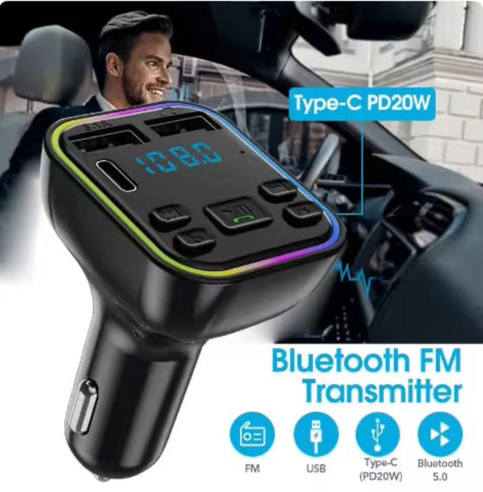 Multifunction Wireless Car FM Transmitter with Bluetooth 5.0 & Dual USB Charging – 7 Color LED