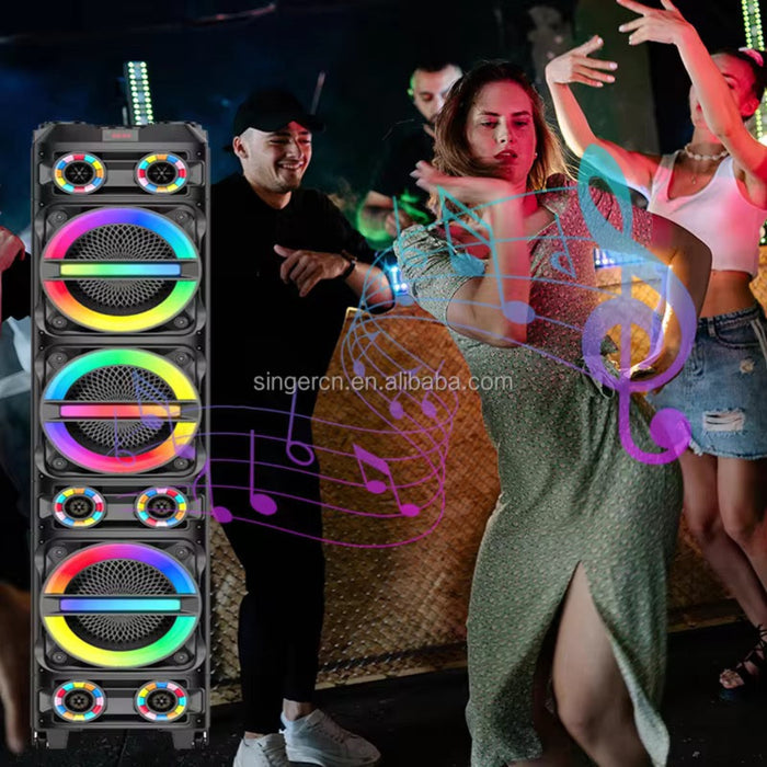 Colorful speaker system with people dancing in a club setting