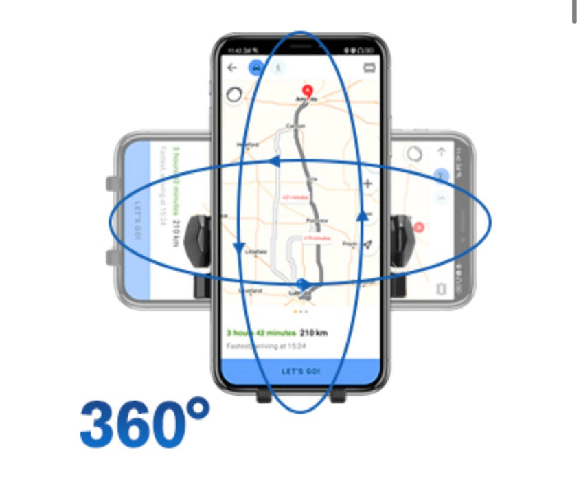 Smartphone with navigation app displayed on a white background, featuring a 360-degree icon.