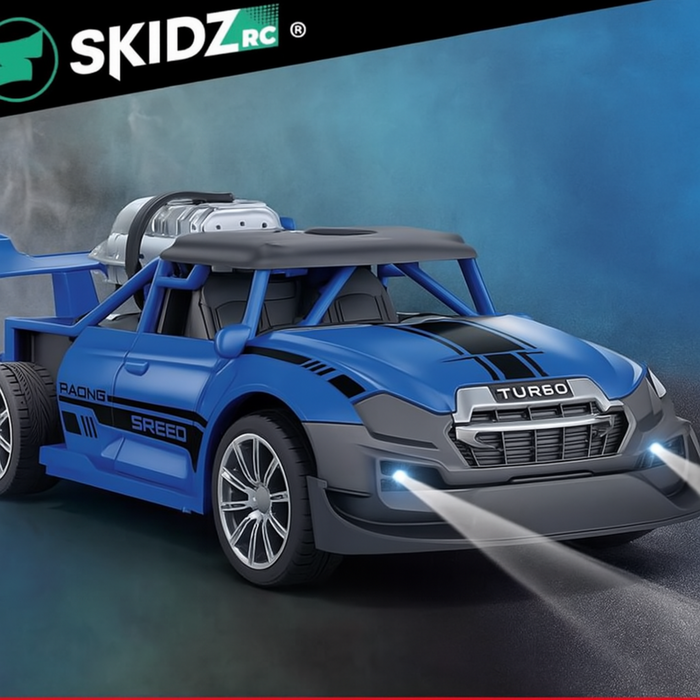 Blue toy car with 'Turbo' and 'Speed' branding on a dark background, featuring the Skidz RC logo.
