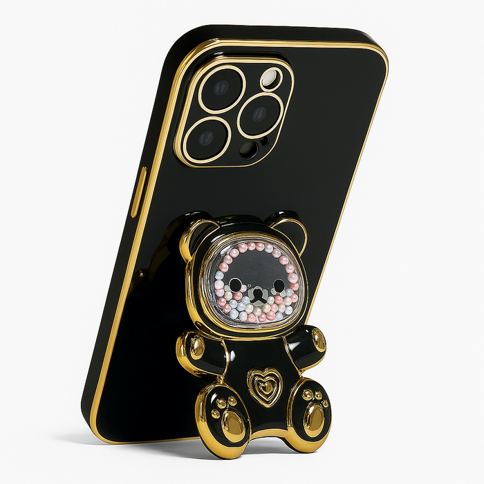 Teddy Bear Kickstand Case for iPhone 16 Pro Max – Glossy Finish with Gold Trim & Pearl Details