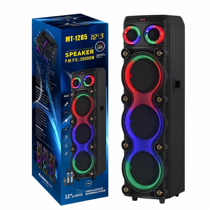 Black speaker with RGB lighting next to its packaging on a white background