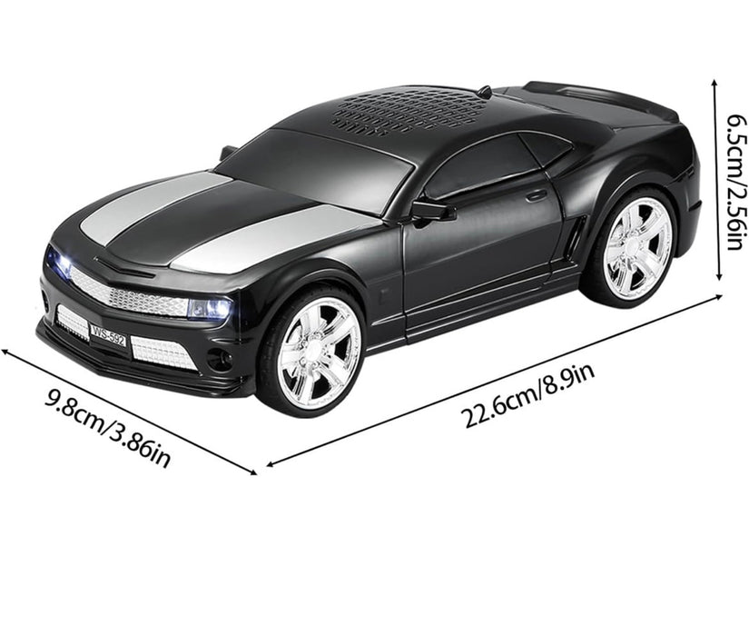 Black and silver model car with dimensions indicated on a white background