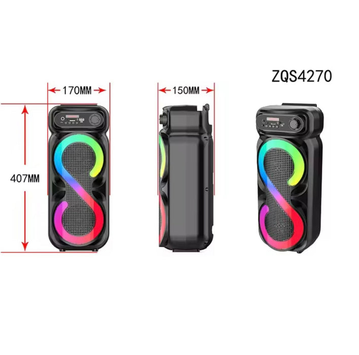 Black portable speaker with colorful design and dimensions on a white background