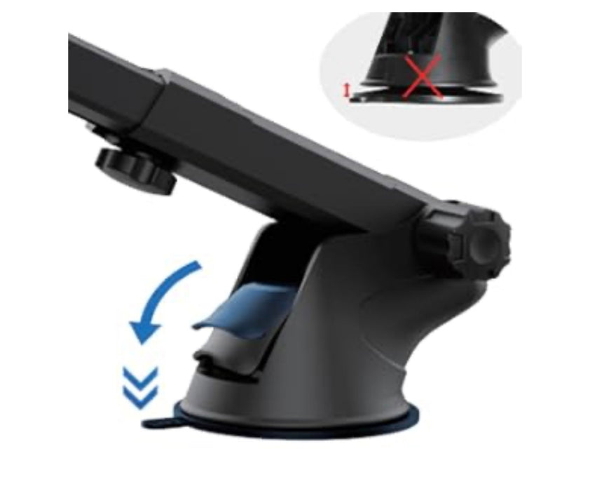 Car mount with a close-up inset showing a correct and incorrect suction cup alignment on a white background.