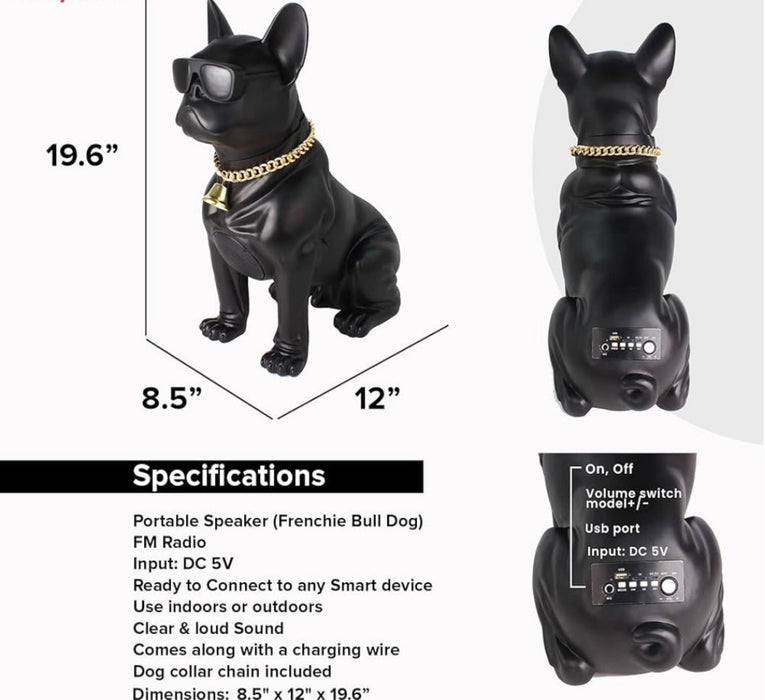 Black dog-shaped portable speaker with specifications and dimensions on a white background