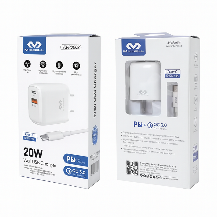 Miccell 20W Wall USB Charger – Type-C PD + QC 3.0 Fast Charging Adapter