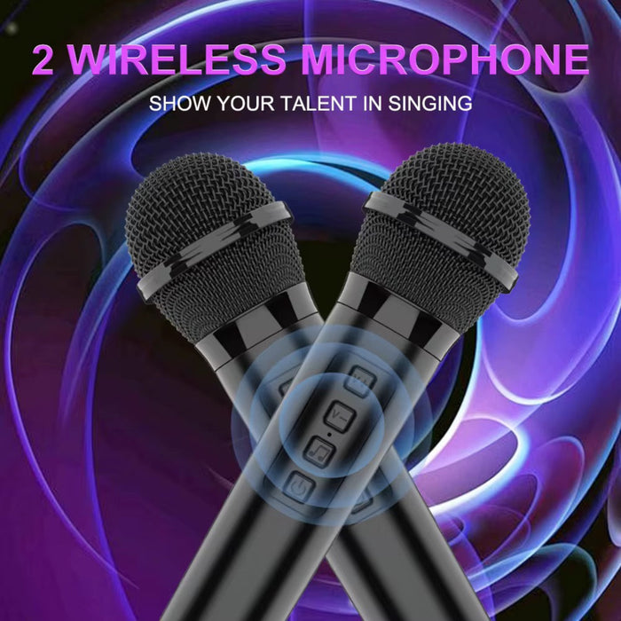 Two wireless microphones with a vibrant purple and blue background