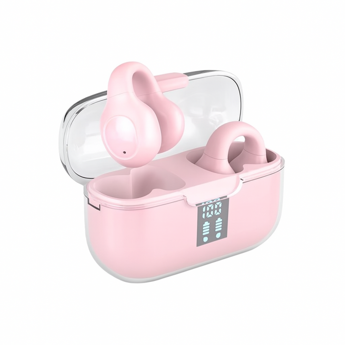Pink wireless earbuds in a transparent charging case on a white background