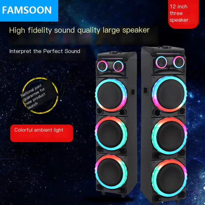 FAMSOON high fidelity sound quality large speaker with colorful ambient light on a space-themed background
