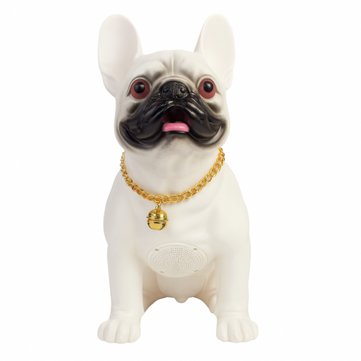 White dog figurine with a gold chain and pink tongue on a white background
