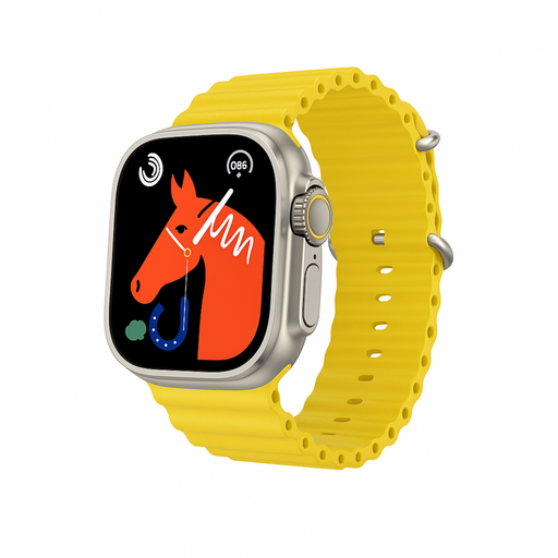 Smartwatch with a yellow band displaying a colorful horse illustration on a white background