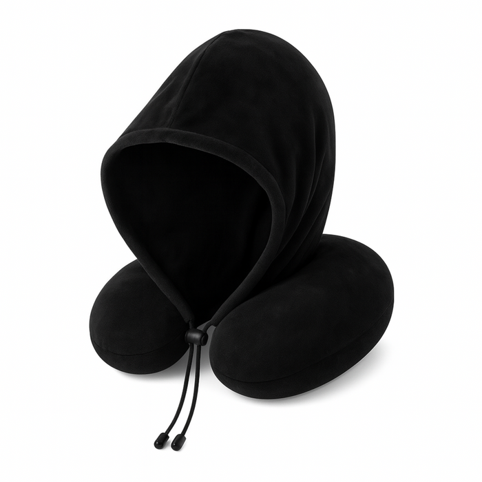 Black travel neck pillow with a hood on a white background