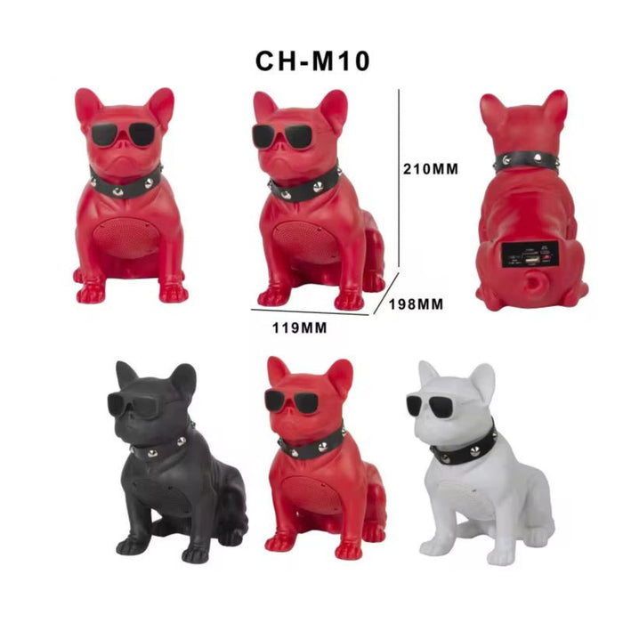 Red, black, and white dog-shaped products with sunglasses on a white background