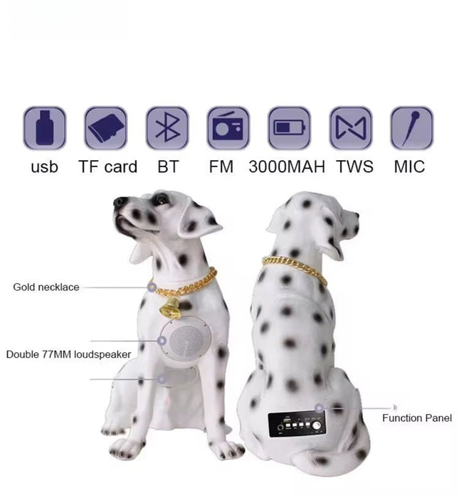 Two Dalmatian dog-shaped speakers with labeled features on a white background