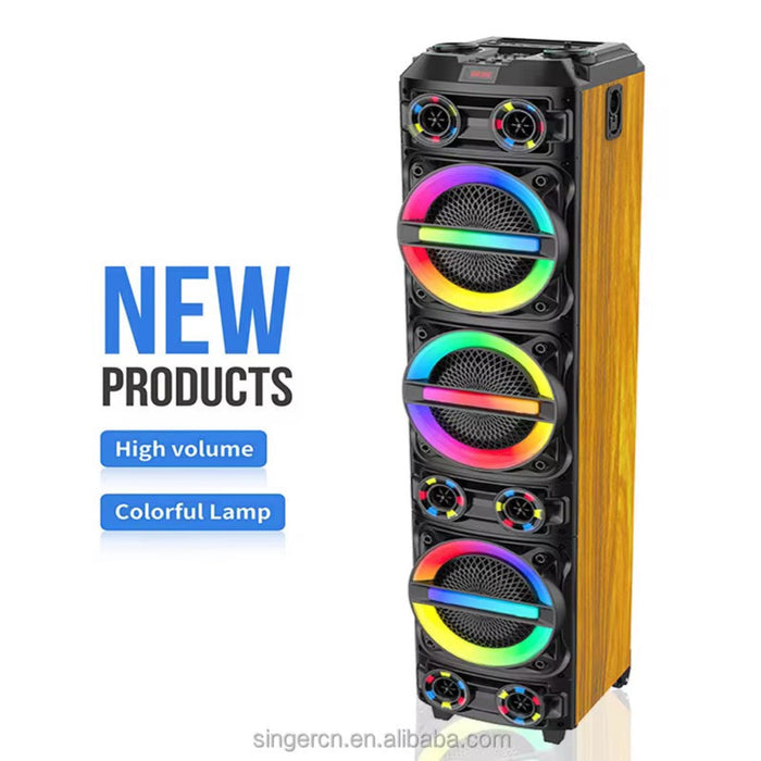 Multicolored speaker with rainbow lights on a white background, labeled as a new product with high volume and colorful lamp features.