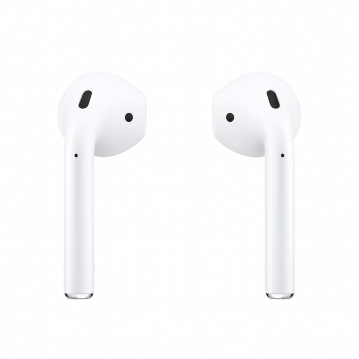 Pair of white wireless earbuds on a white background