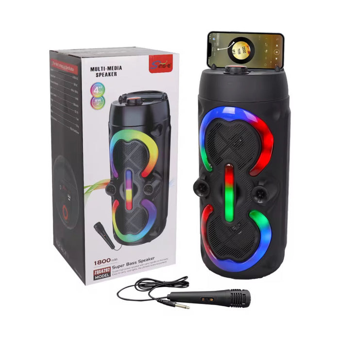 Black multimedia speaker with colorful LED lights, microphone, and packaging on a white background