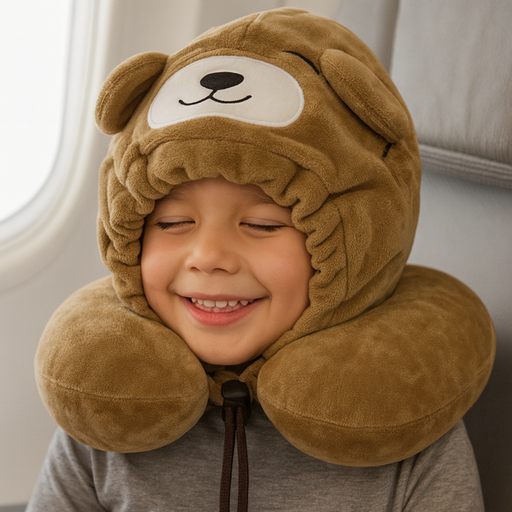 Child wearing a brown bear-shaped neck pillow with a smiley face, sitting in an airplane.