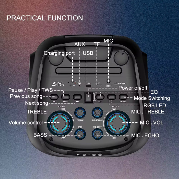 Control panel of a portable speaker with labeled buttons and features on a gradient background.