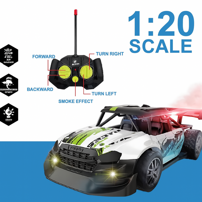 Remote control car with a 1:20 scale label and control buttons on a white background