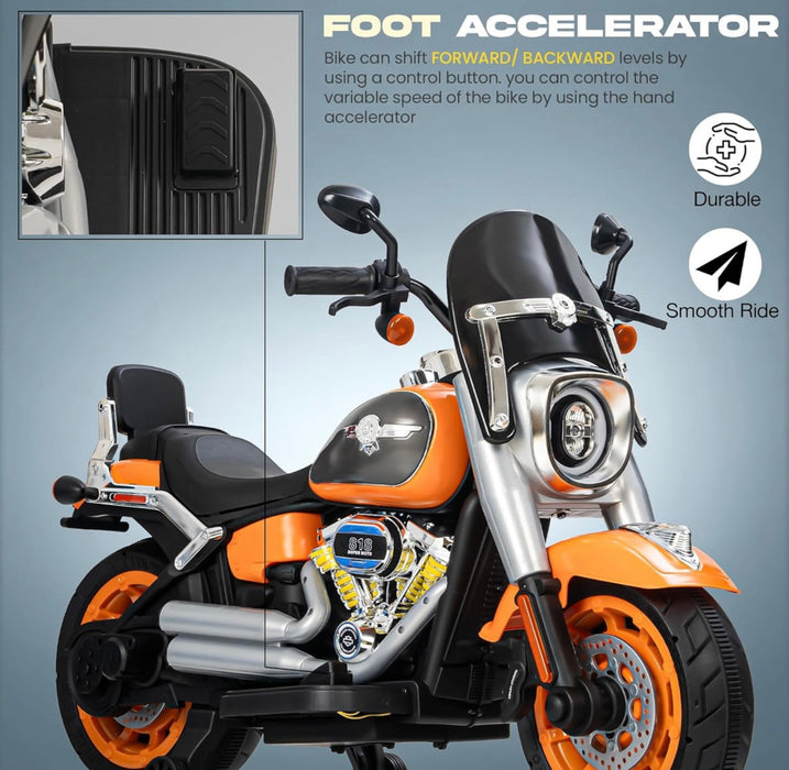 Toy motorcycle with foot accelerator feature on a gray background