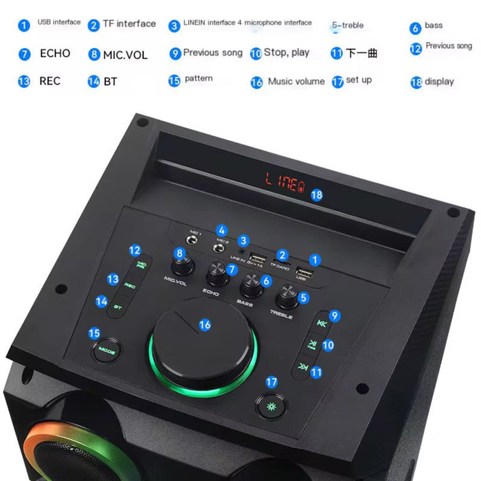 Black audio equipment with control panel and display on a white background