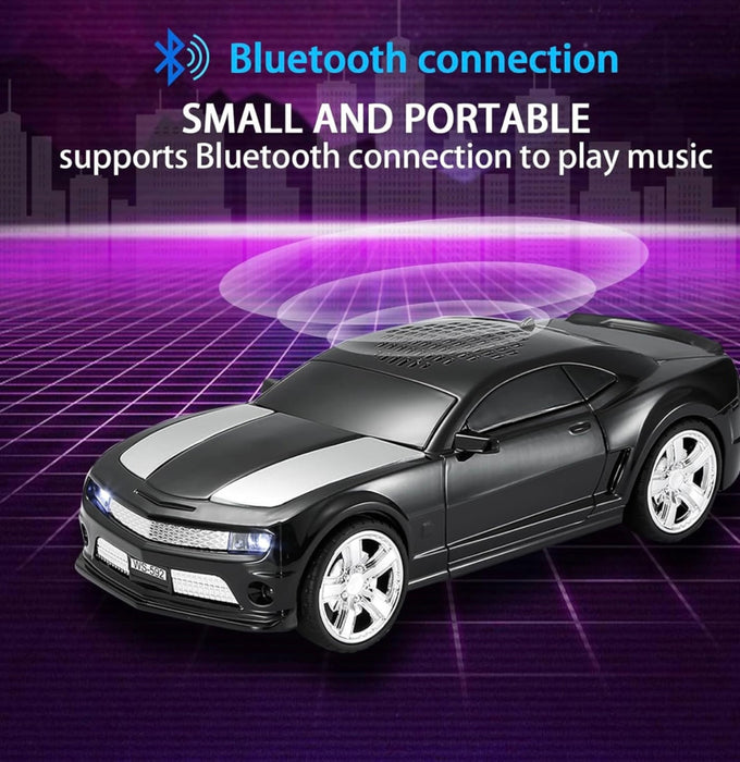 Black toy car with Bluetooth connection feature on a purple grid background