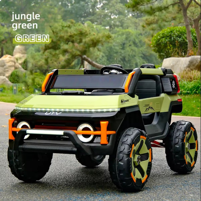 Children's off-road vehicle in jungle green color on a road with greenery in the background.