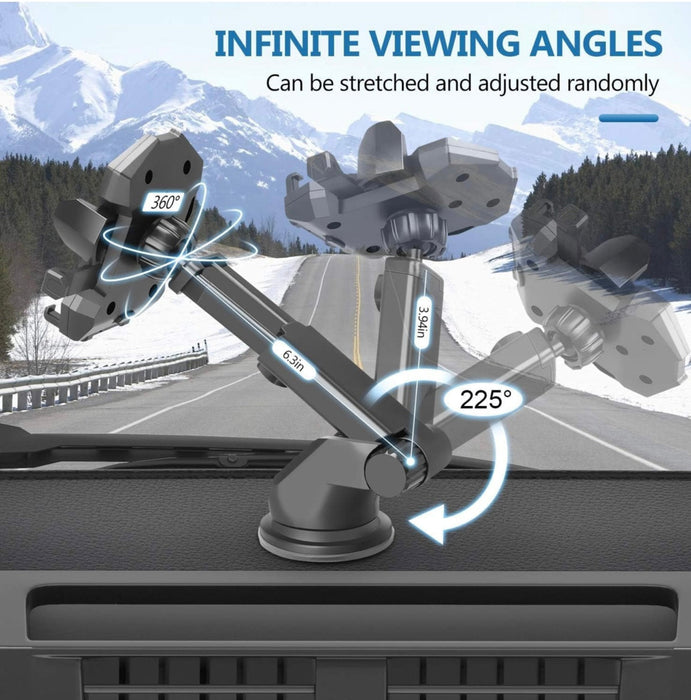 Car dashboard mount with adjustable arm and suction cup, showing infinite viewing angles on a road with mountains in the background.