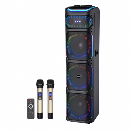 Portable sound system with RGB lighting, two microphones, and a remote control on a white background.