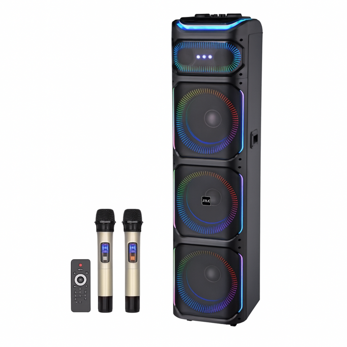 Portable sound system with RGB lighting, two microphones, and a remote control on a white background.