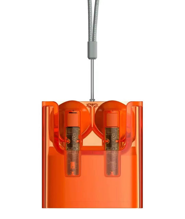 Orange electronic device with two cylindrical components on a white background