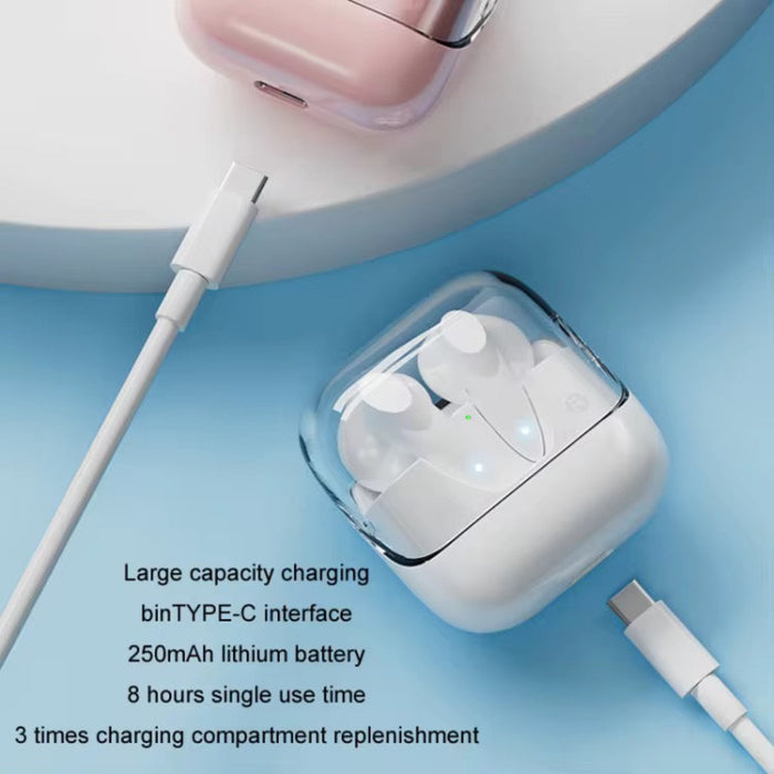 Wireless earbuds with charging case on a blue background