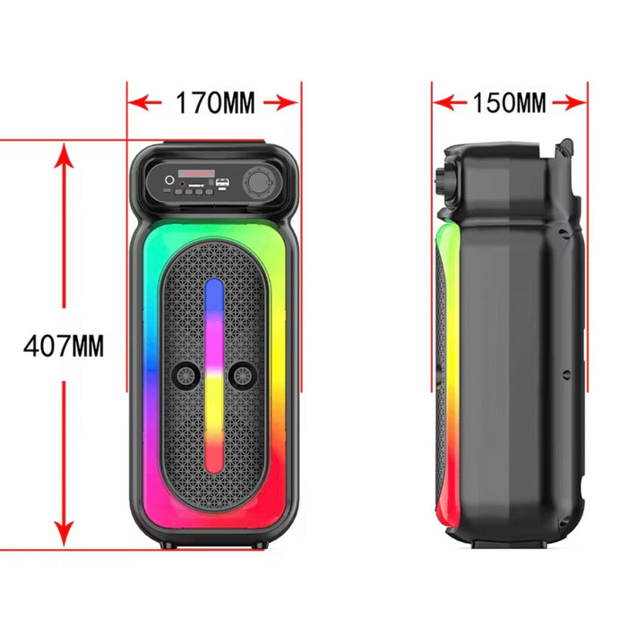 Measurement chart of a portable speaker with dimensions labeled.