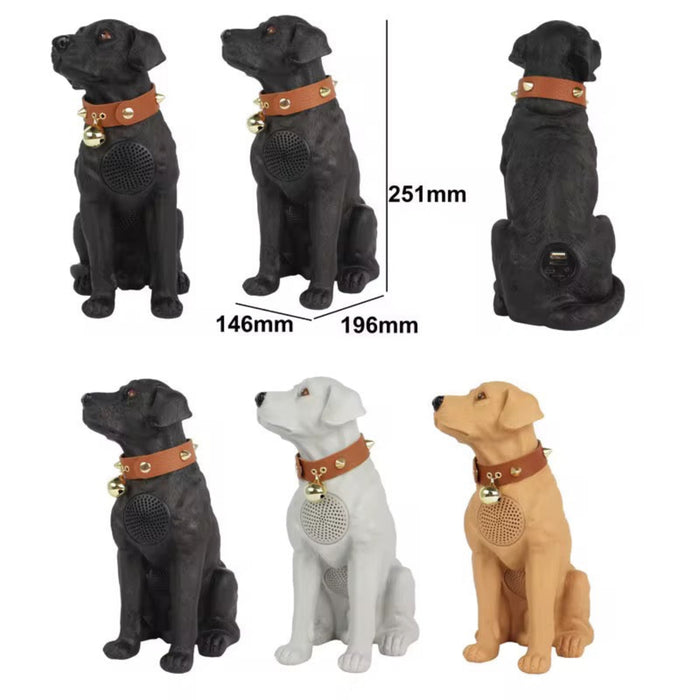 Set of dog figurines with brown collars and bells, shown from multiple angles with measurements.