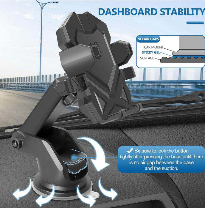 Car dashboard mount with stability features and instructions on a car interior background.