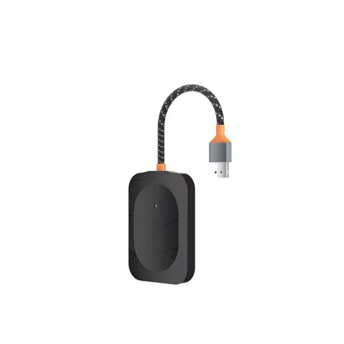 Black wireless charging pad with a cable on a white background