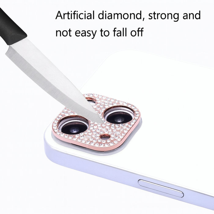 Phone camera lens protector with artificial diamond pattern on a white background
