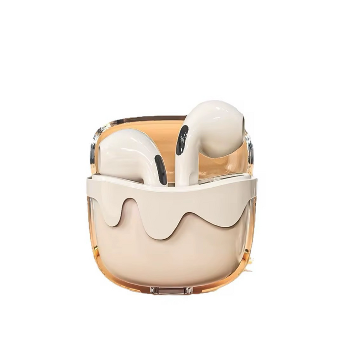Beige wireless earbuds in a transparent case on a white background