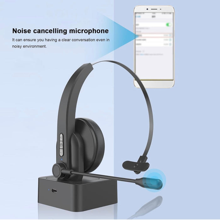 Wireless Mono Bluetooth Headset with Charging Dock and Mic – Noise Cancelling