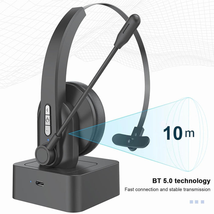 Wireless Mono Bluetooth Headset with Charging Dock and Mic – Noise Cancelling