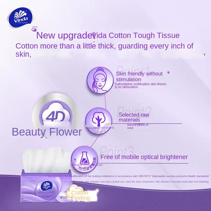 Vinda Cotton Tough Tissue packaging with features highlighted on a purple background