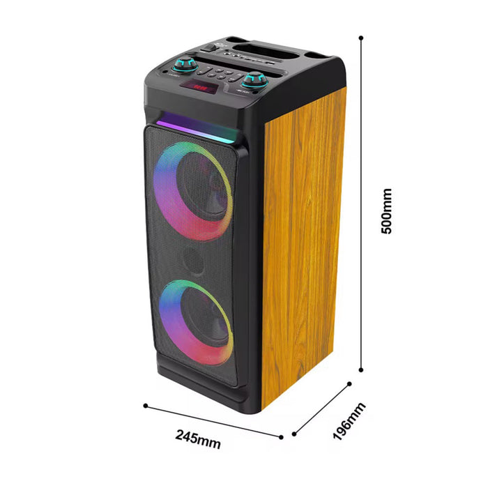 Portable speaker with wooden finish and RGB lighting, shown with dimensions on a white background.
