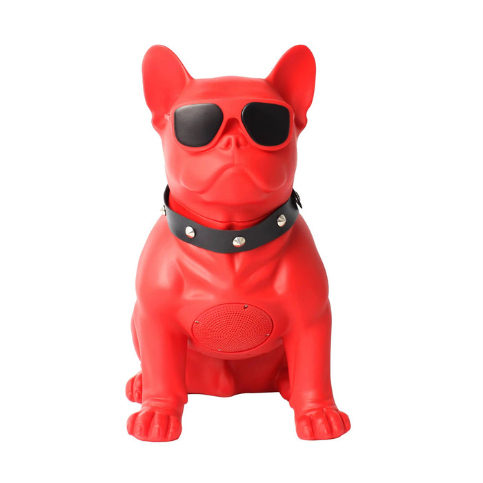 Red dog-shaped object with sunglasses and a collar on a white background