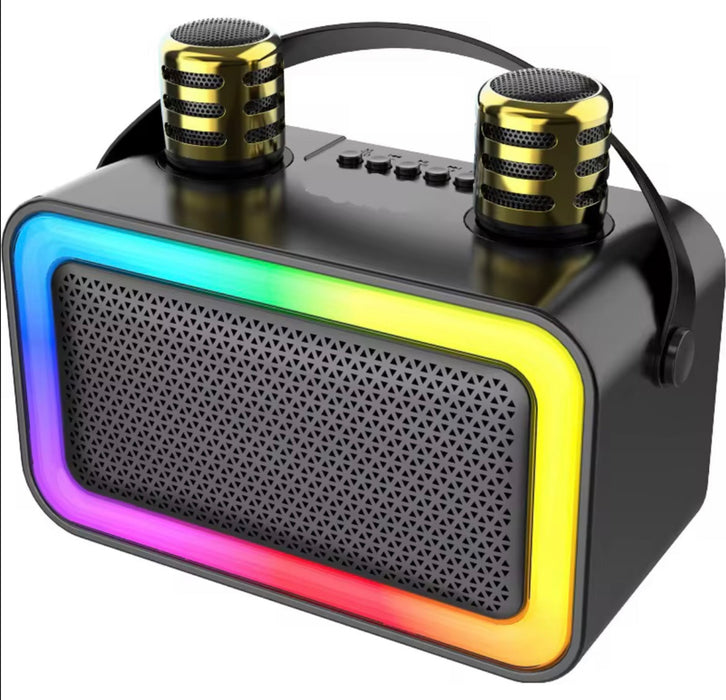 Black portable speaker with gold microphones and colorful LED lighting on a white background