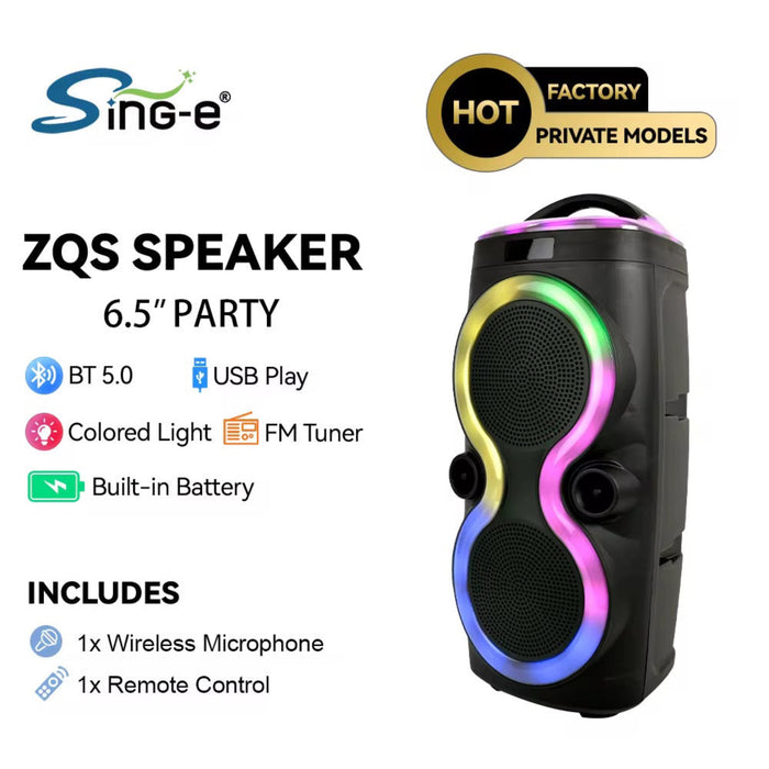 Sing-e ZQS Speaker with colorful lights on a white background